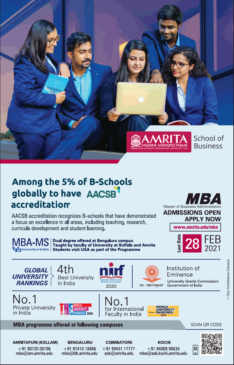 amrita-school-of-business-among-the-5%-of-b-schools-globally-to-have-aacsb-accreditation-ad-times-of-india-mumbai-08-01-2021