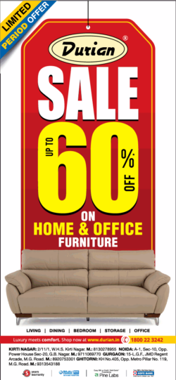 durian-sale-up-to-60%-off-on-home-and-office-furniture-ad-delhi-times-09-01-2021
