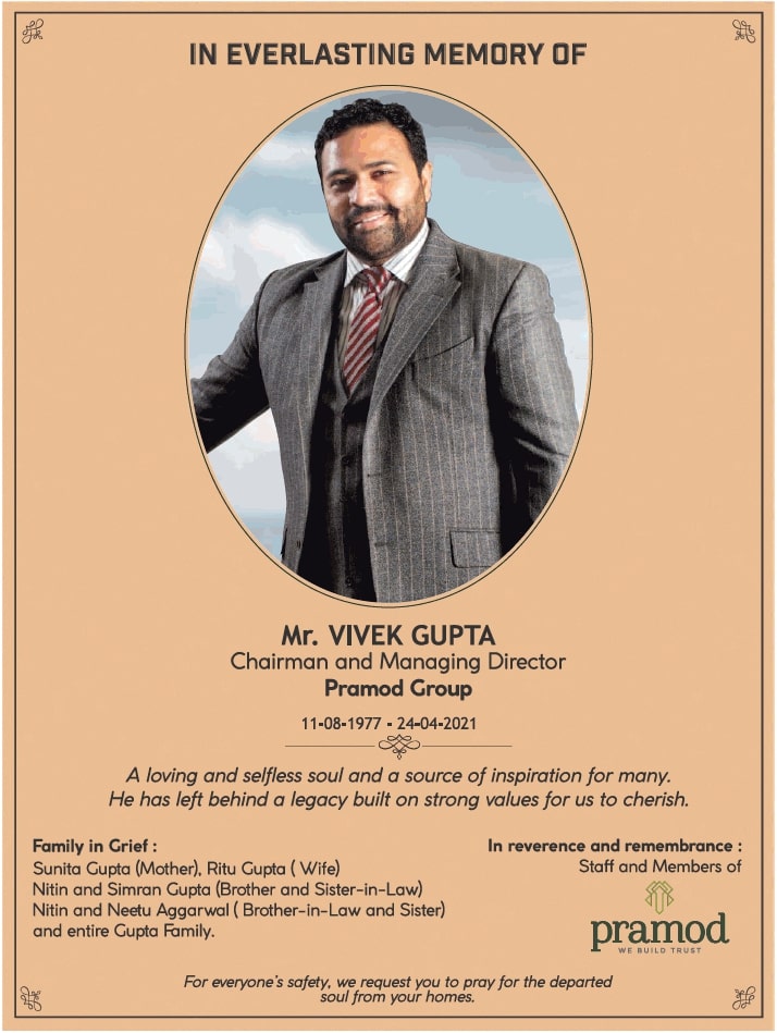 remembrance-mr-vivek-gupta-chairman-and-managing-director-pramod-group-ad-times-of-india-delhi-29-04-2021