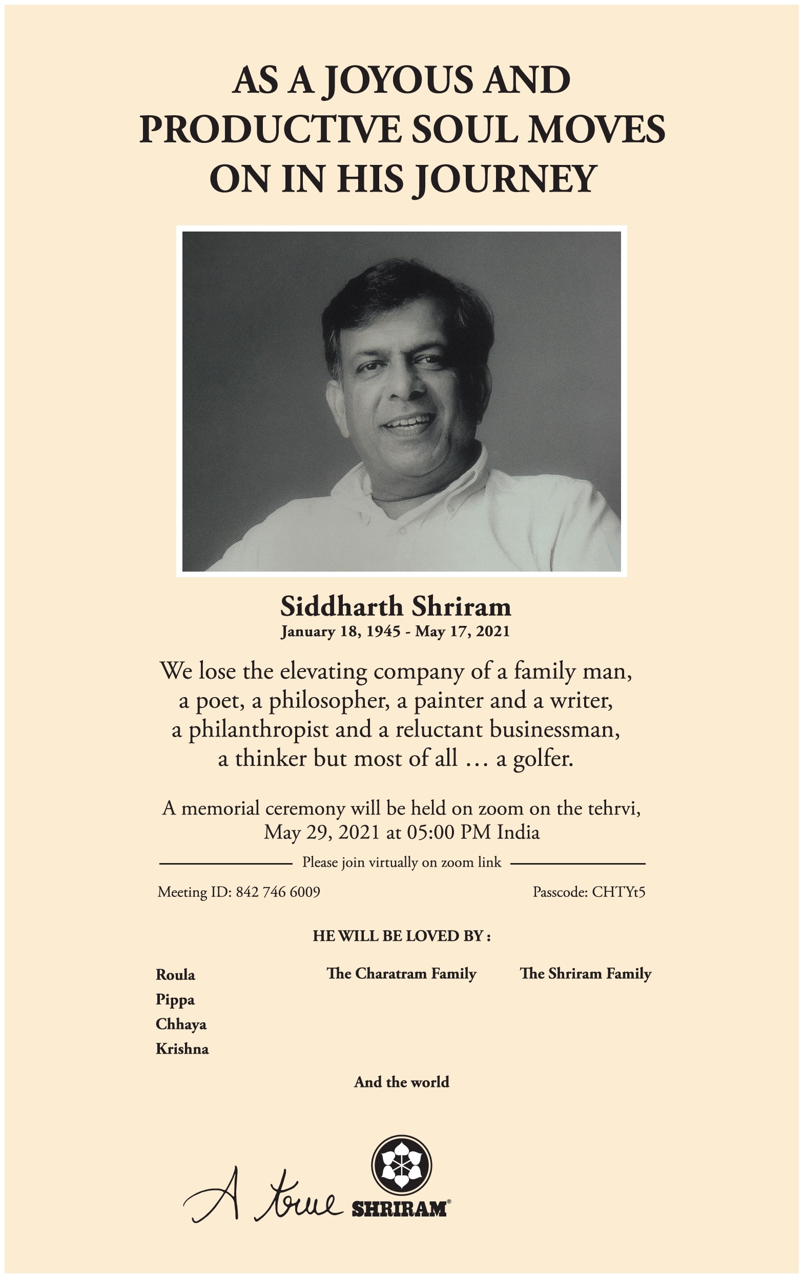 as-a-joyous-and-productive-soul-moves-on-his-journey-siddharth-shriram-ad-times-of-india-delhi-18-05-2021