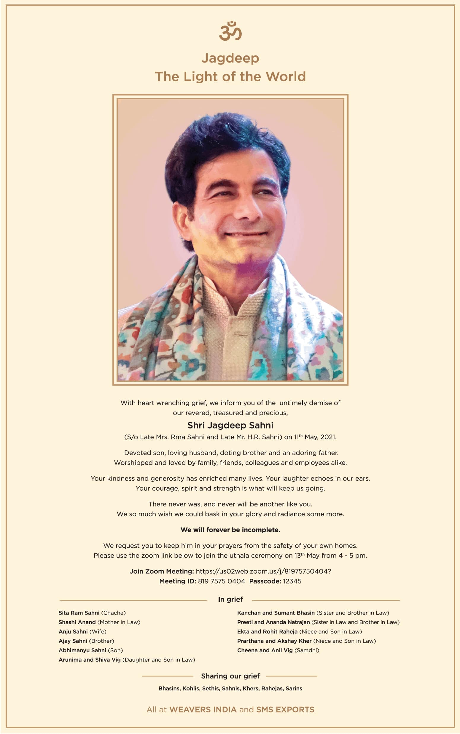 Sad Demise Shri Jagdeep Sahni Ad image