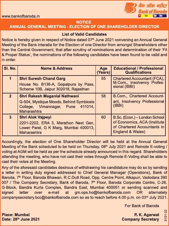 bank-of-baroda-notice-annual-general-meeting-election-of-one-shareholder-director-ad-toi-bangalore-30-6-2021