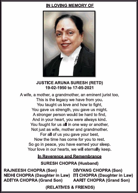 in-loving-memory-of-justice-aruna-suresh-retd-ad-times-of-india-delhi-29-05-2021