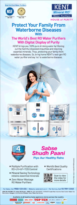 Kent Mineral Ro Water Purifiers With Digital Display Of Purityprotect Your Family From Waterborne Diseases Ad