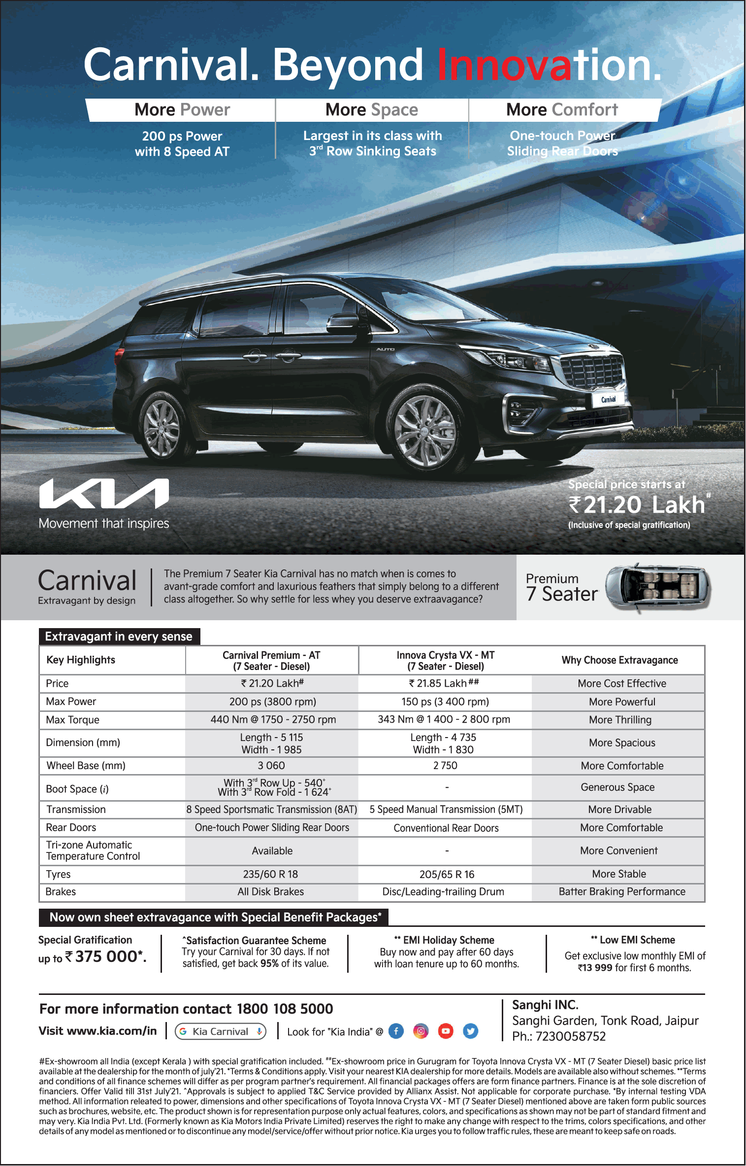 Kia Carnival Premium 7 Seater Special Price Starts At Rs 21.20 Lakh Ad