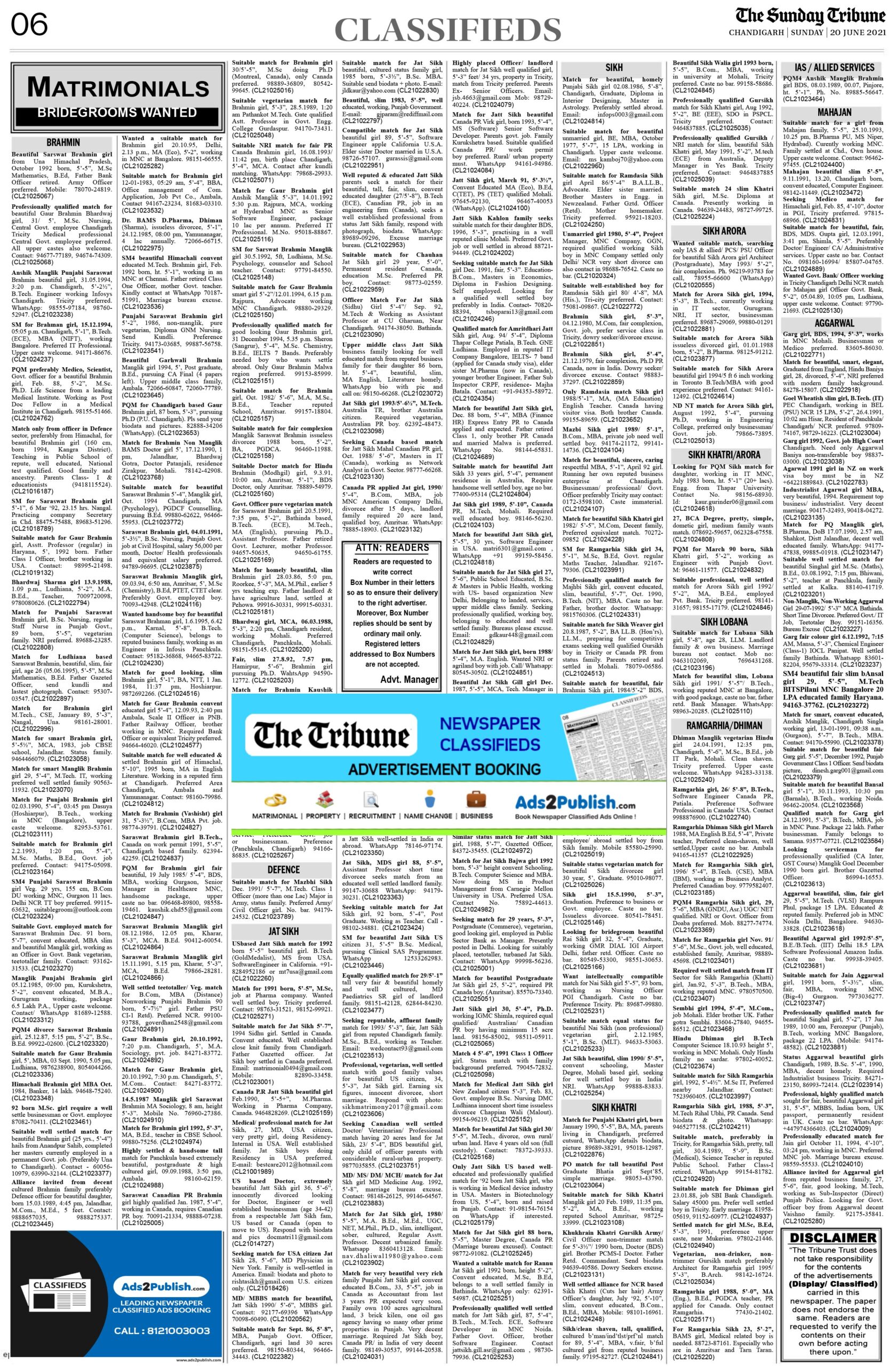 the-tribune-20-6-2021-matrimonial-wanted-groom-classified-sunday-paper