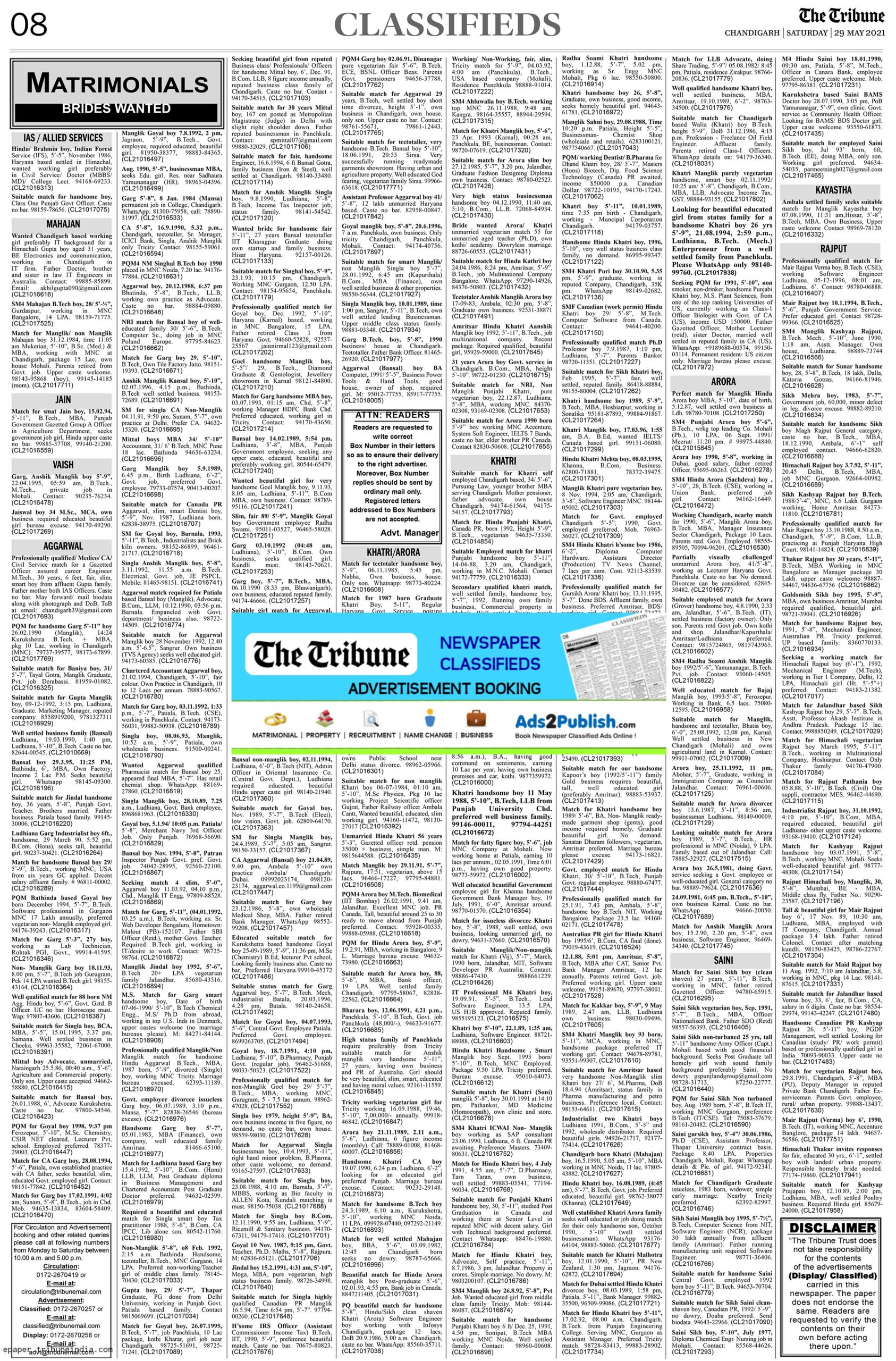 the-tribune-29-5-2021-matrimonial-wanted-bride-classified-paper