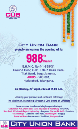 City Union Bank Proudly Announces The Opeing Of Its 988th Branch Ad in Deccan Chronicle
