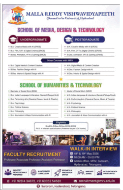 Malla Reddy Vishwavidyapeeth School of Media Design Technology Faculty Recuritment Ad Deccan Chronicle Hyderabad
