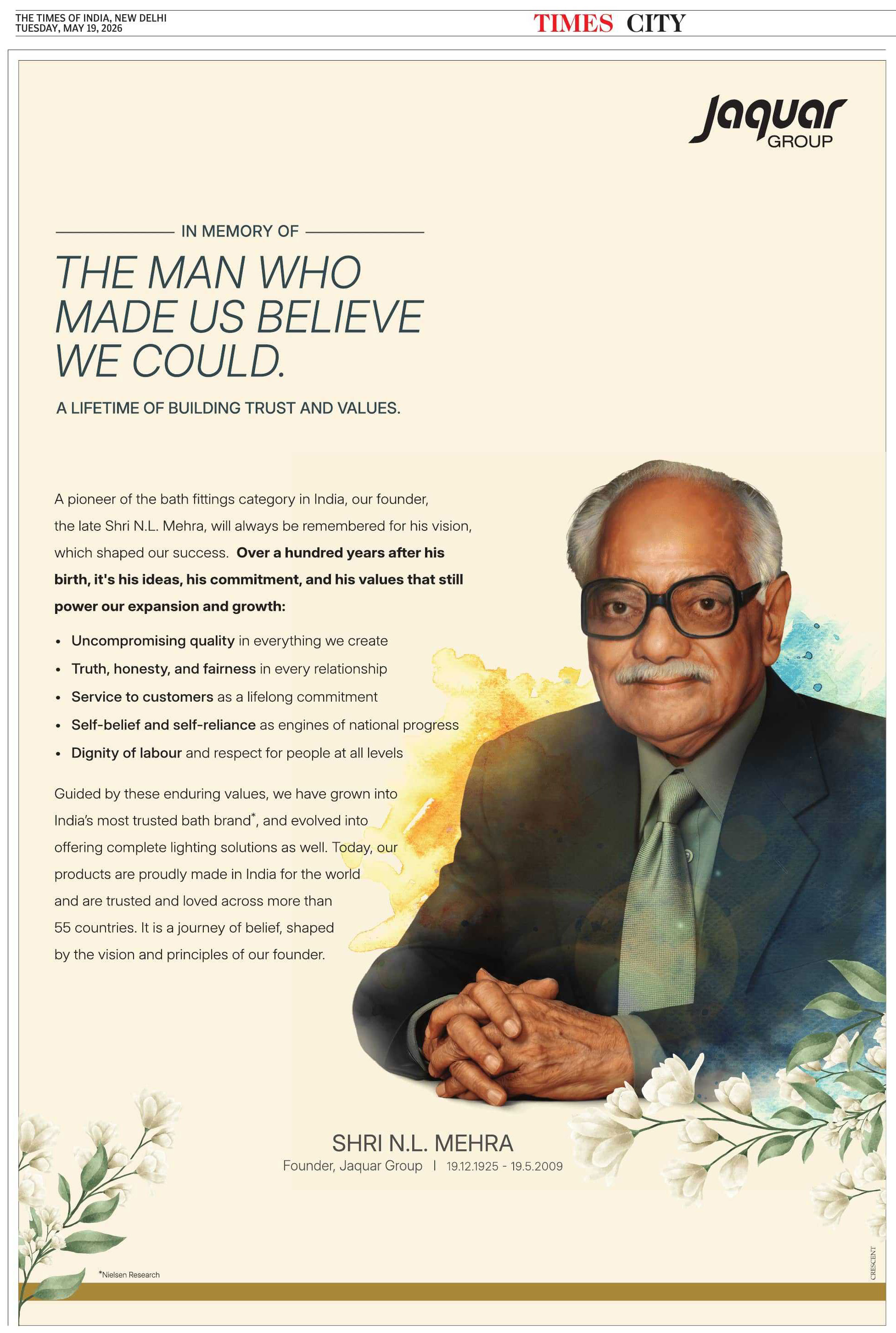 shri-n-l-mehra-founder-jaquar-group-remembrance-ad-times-of-india-delhi-19-5-2026